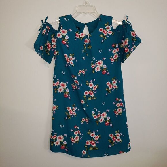 AMY BYER TEAL FLORAL COLD SHOULDER DRESS SIZE 16 - Picture 1 of 4